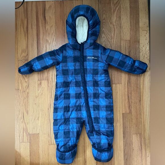 Eddie Bauer Snowsuit Baby 12 Month Navy Blue Plaid Cream Sherpa Down Hooded Suit - Picture 2 of 7